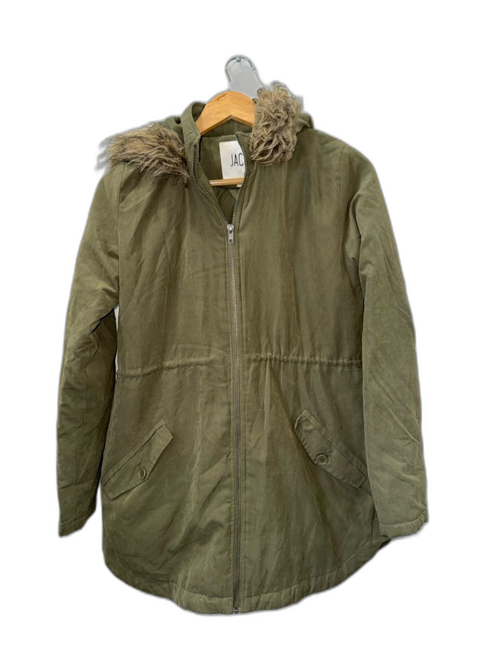 JACK Coat Women’s XS Olive Green Hooded Parka Jacket with Faux Fur Trim !